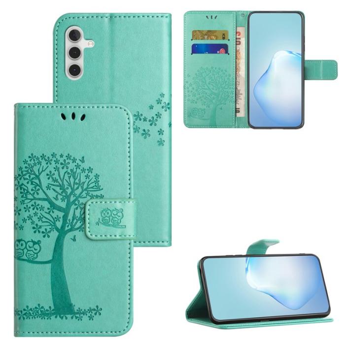 OEM - Samsung Galaxy A37 / A36 5G Fodral PU Läder Uggla Träd - Cyan