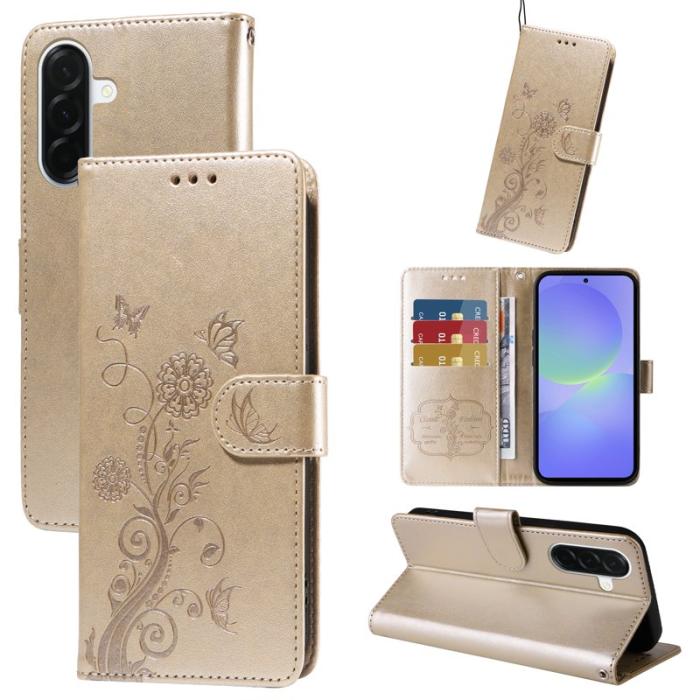 OEM - Samsung Galaxy A37 Plånboksfodral Konstläder Blomtryck Ställ - Guld