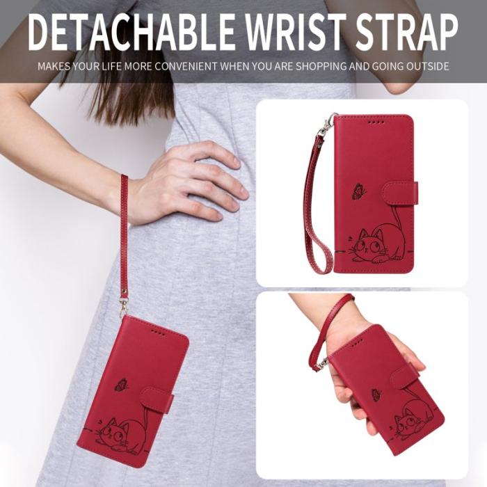 OEM - Samsung Galaxy A37 Plånboksfodral Konstläder Kattmönster - Röd