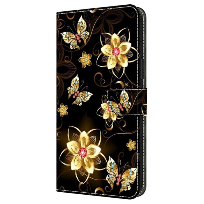 OEM - Samsung Galaxy A37 Fodral Mönstertryck PU Läder - Guld Blommor