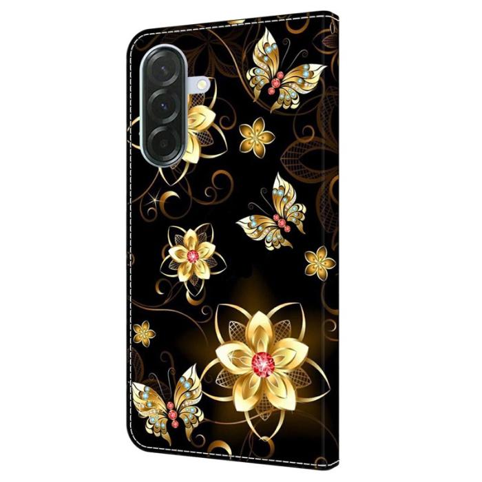 OEM - Samsung Galaxy A37 Fodral Mönstertryck PU Läder - Guld Blommor