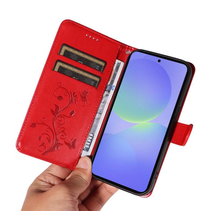 OEM - Samsung Galaxy A37 Fodral PU Läder Blommönster Ställ - Röd