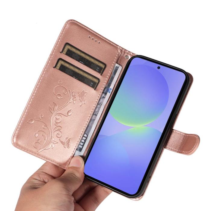 OEM - Samsung Galaxy A37 Fodral PU Läder Blommönster Ställ - Roséguld