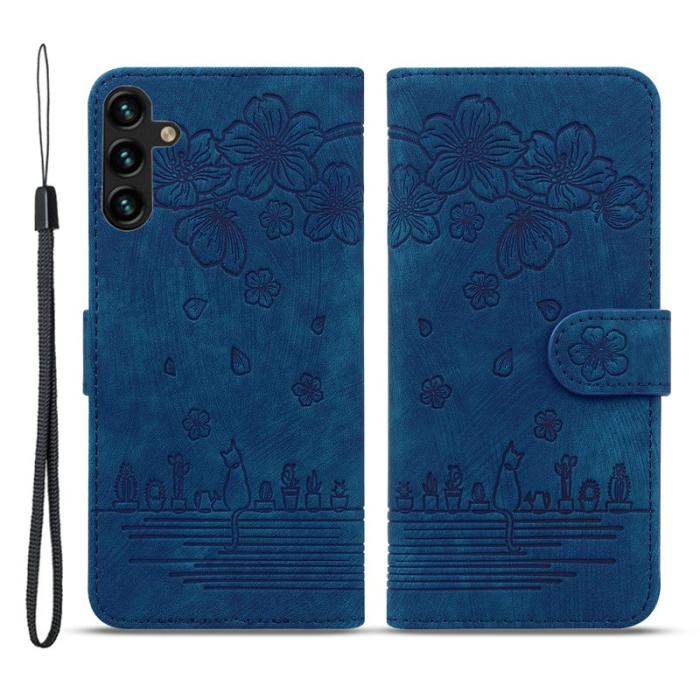 OEM - Samsung Galaxy A55 5G Plånboksfodral Konstläder Blommönster - Blå