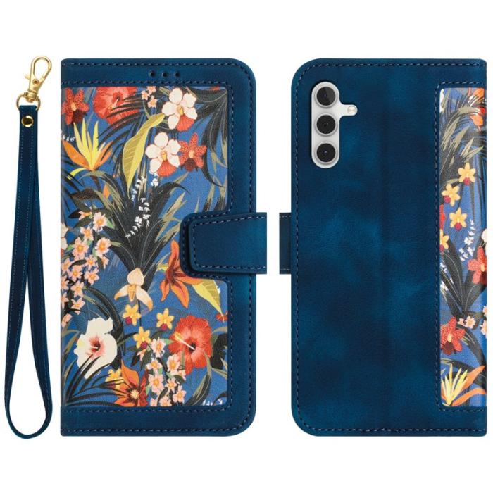 OEM - Samsung Galaxy A55 5G Plånboksfodral Konstläder Blommönster - Blå