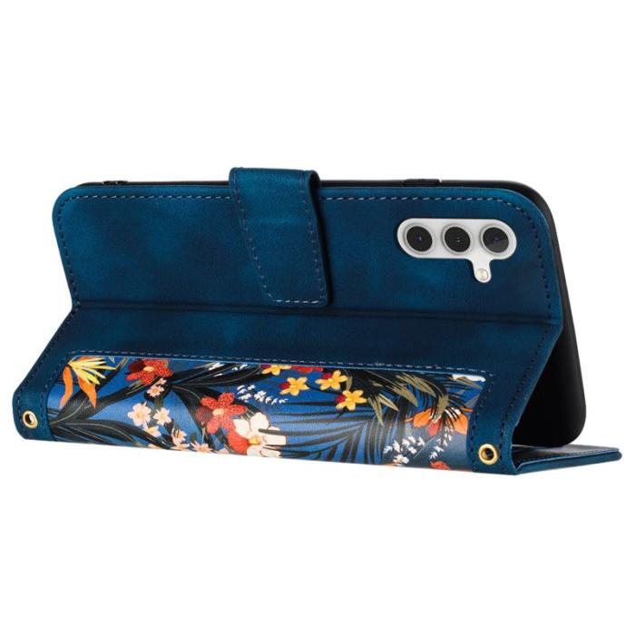 OEM - Samsung Galaxy A55 5G Plånboksfodral Konstläder Blommönster - Blå