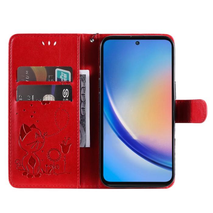 OEM - Samsung Galaxy A55 5G Plånboksfodral Konstläder Cat Bee Mönster - Röd