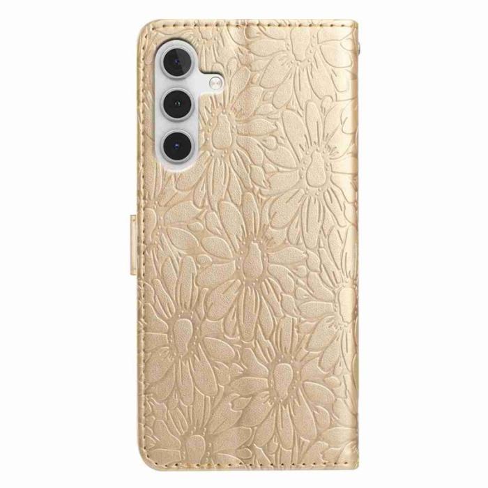 OEM - Samsung Galaxy A55 5G Plånboksfodral Konstläder Daisy Prägling - Guld