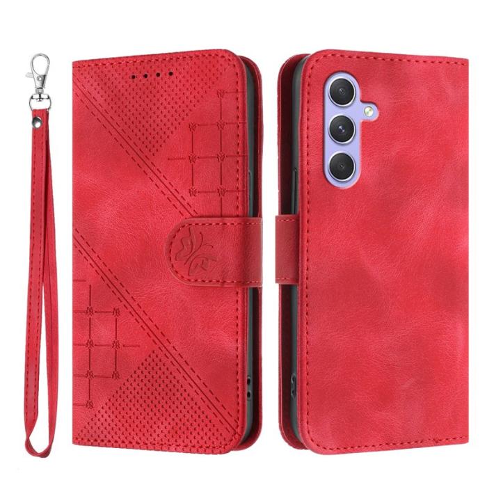 OEM - Samsung Galaxy A55 5G Plånboksfodral Konstläder Fjäril Blomma - Röd