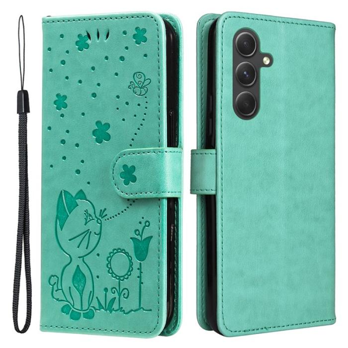 OEM - Samsung Galaxy A55 5G Plånboksfodral Konstläder Katt Bi Mönster - Grön
