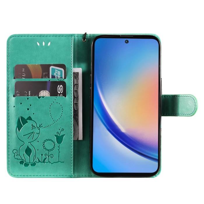 OEM - Samsung Galaxy A55 5G Plånboksfodral Konstläder Katt Bi Mönster - Grön
