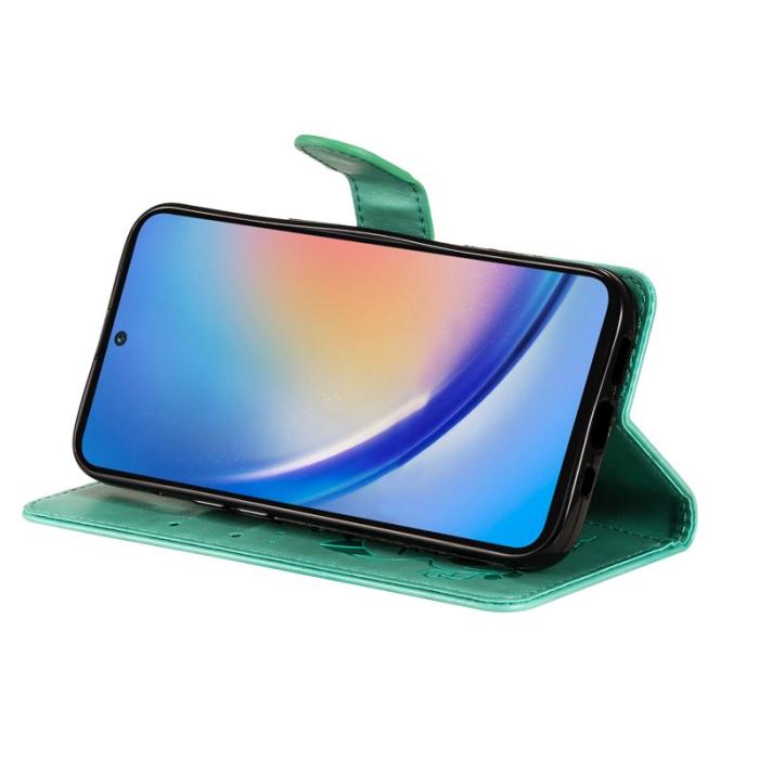 OEM - Samsung Galaxy A55 5G Plånboksfodral Konstläder Katt Bi Mönster - Grön