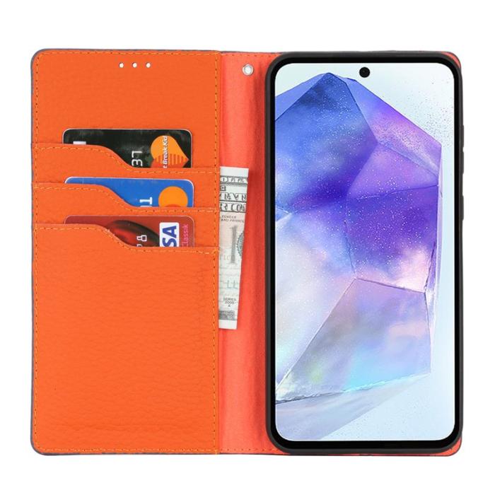 OEM - Samsung Galaxy A55 5G Plånboksfodral Äkta Läder Litchi Textur - Blå