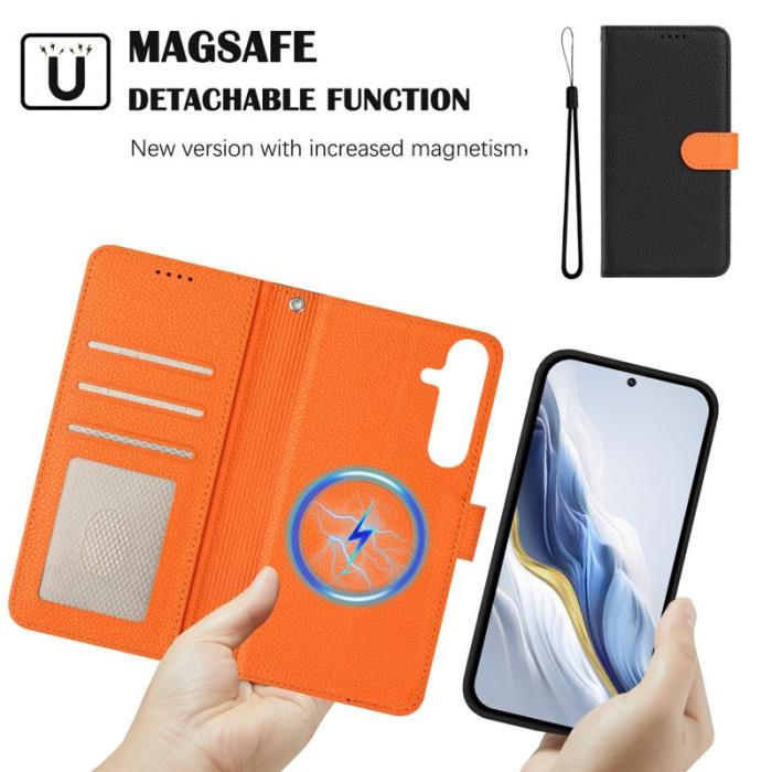 OEM - Samsung Galaxy A55 5G Plånboksfodral Konstläder Magnetiskt - Svart / Orange