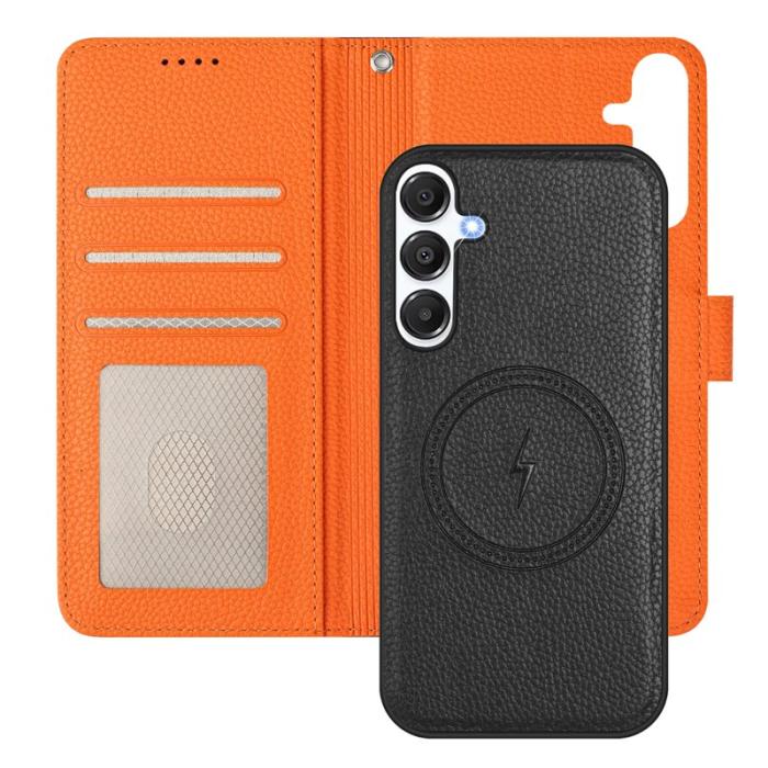 OEM - Samsung Galaxy A55 5G Plånboksfodral Konstläder Magnetiskt - Svart / Orange