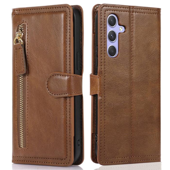 OEM - Samsung Galaxy A55 5G Plånboksfodral Konstläder Med Dragkedja - Brun