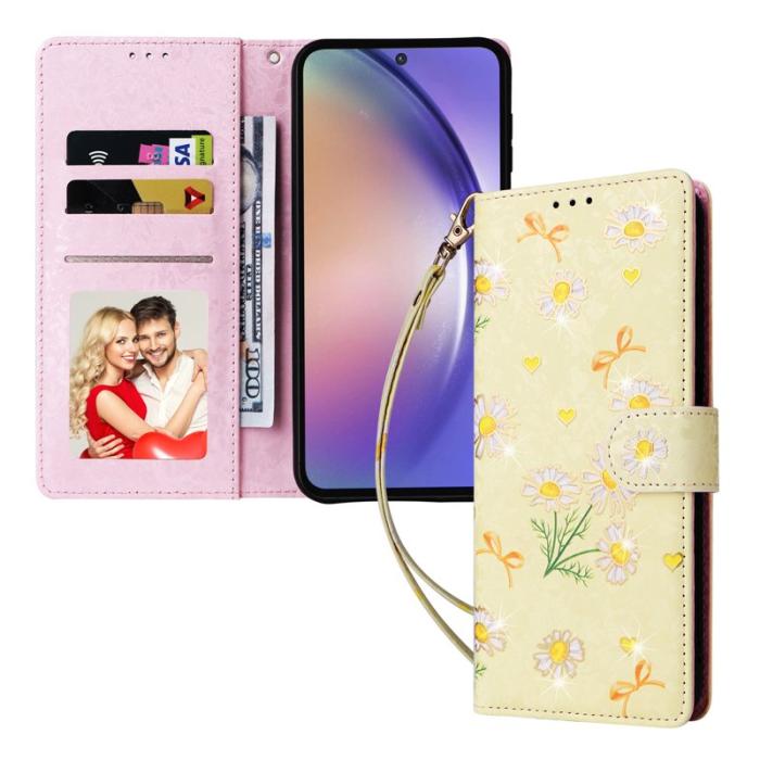 OEM - Samsung Galaxy A55 5G Plånboksfodral Konstläder RFID Skydd - Gul Daisy