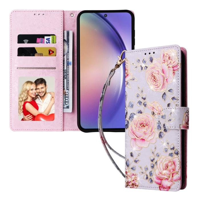 OEM - Samsung Galaxy A55 5G Plånboksfodral Konstläder RFID Skydd - Rosablomma