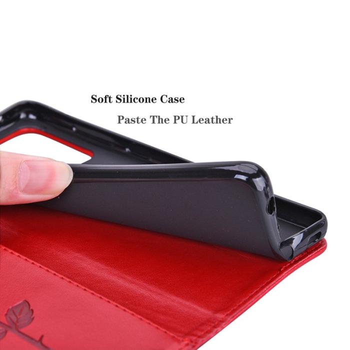 OEM - Samsung Galaxy A55 5G Plånboksfodral Konstläder Rosmönster - Röd