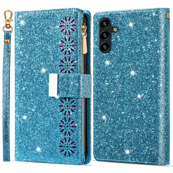 OEM - Samsung Galaxy A55 5G Plånboksfodral Konstläder Stativ Glittrig - Blå