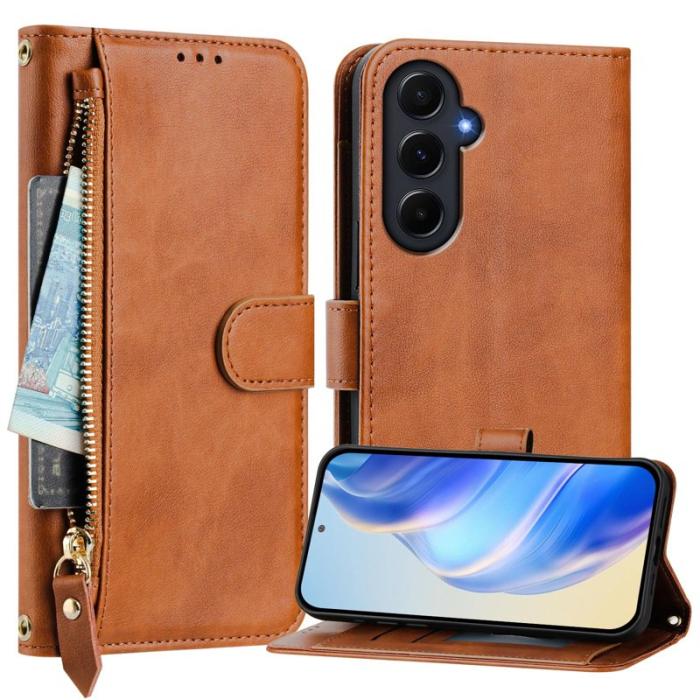 OEM - Samsung Galaxy A55 5G Plånboksfodral Dragkedja Flera Kortfack Konstläder - Brun