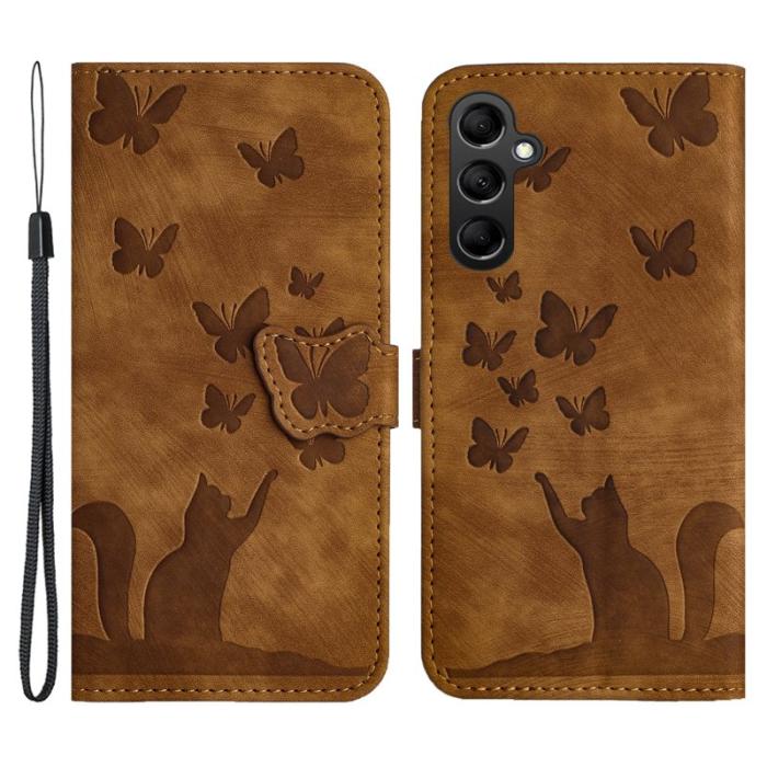 OEM - Samsung Galaxy A55 5G Plånboksfodral Fjäril Kattmönster Konstläder - Brun
