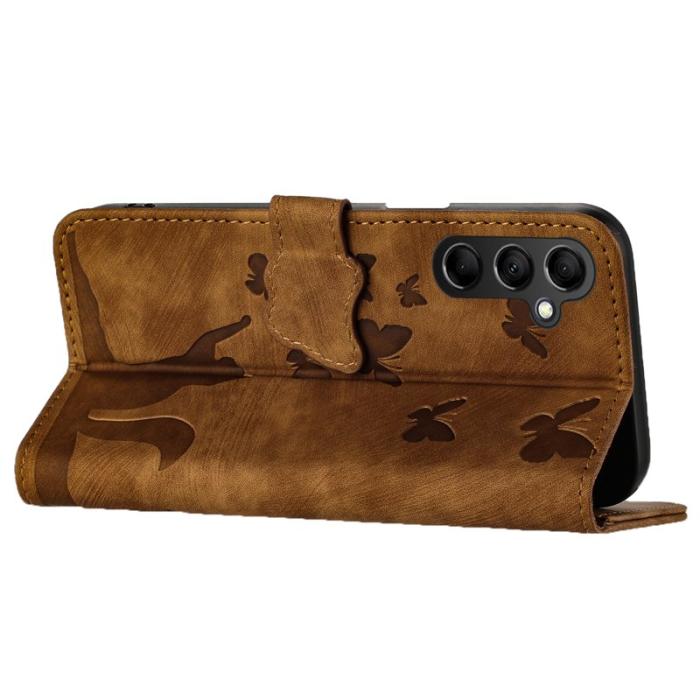 OEM - Samsung Galaxy A55 5G Plånboksfodral Fjäril Kattmönster Konstläder - Brun