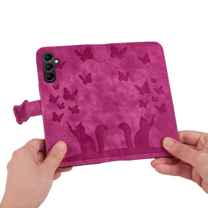 OEM - Samsung Galaxy A55 5G Plånboksfodral Fjäril Kattmönster Konstläder - Rosa