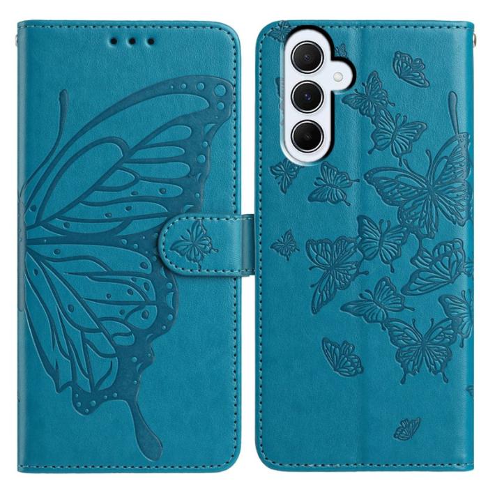 OEM - Samsung Galaxy A55 5G Plånboksfodral Fjäril Präglad Konstläder Flip - Blå