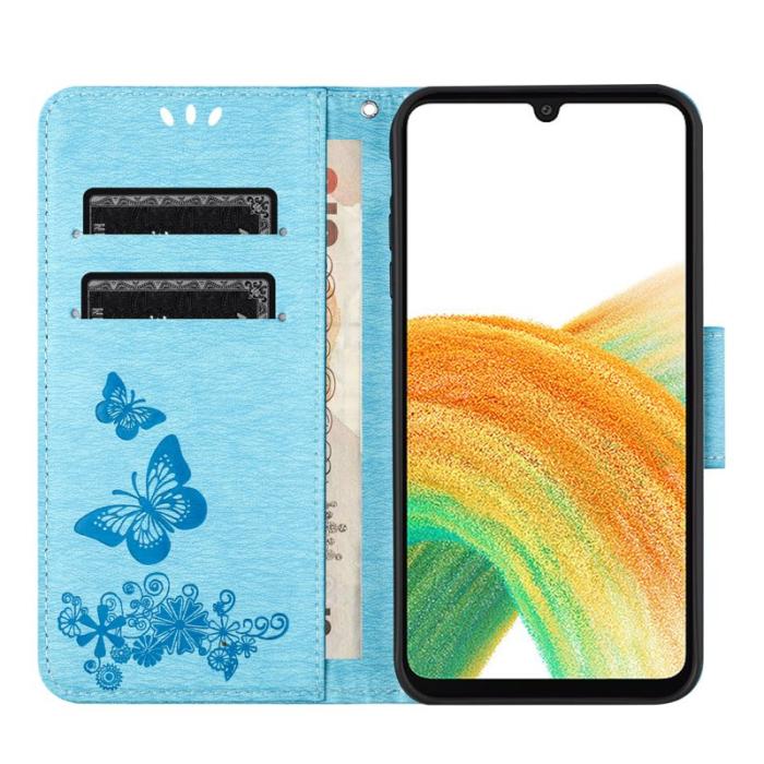 OEM - Samsung Galaxy A55 5G Plånboksfodral Fjärilar Blommor Konstläder - Blå