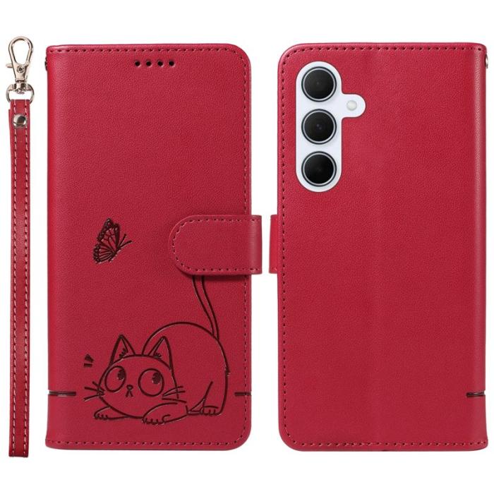 OEM - Samsung Galaxy A55 5G Plånboksfodral Kattmönster Konstläder - Röd