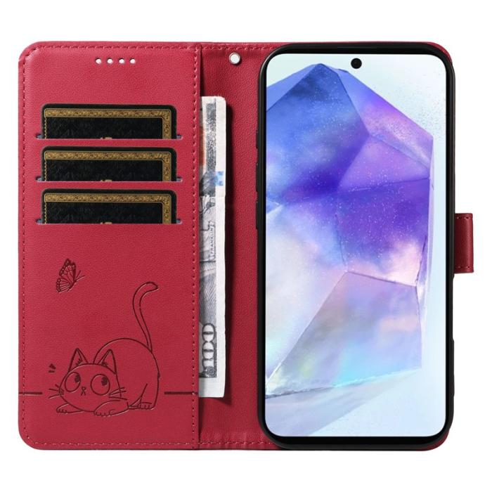 OEM - Samsung Galaxy A55 5G Plånboksfodral Kattmönster Konstläder - Röd