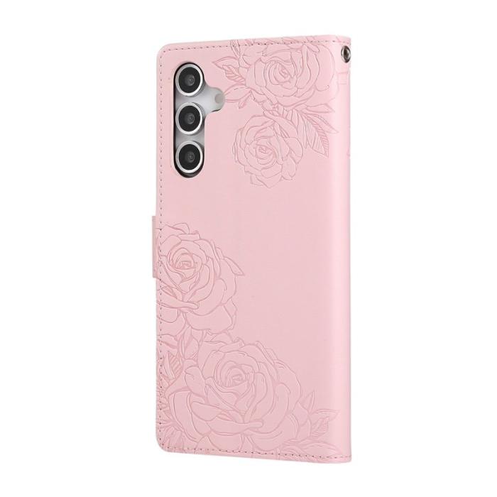 OEM - Samsung Galaxy A55 5G Plånboksfodral Konstläder Blommönster - Roséguld