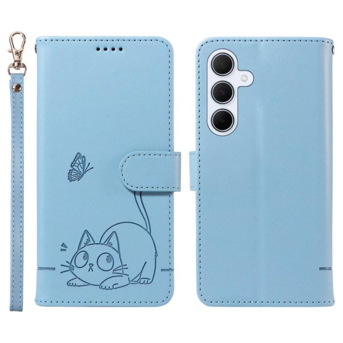OEM - Samsung Galaxy A55 5G Plånboksfodral Konstläder Kattmönster - Ljusblå