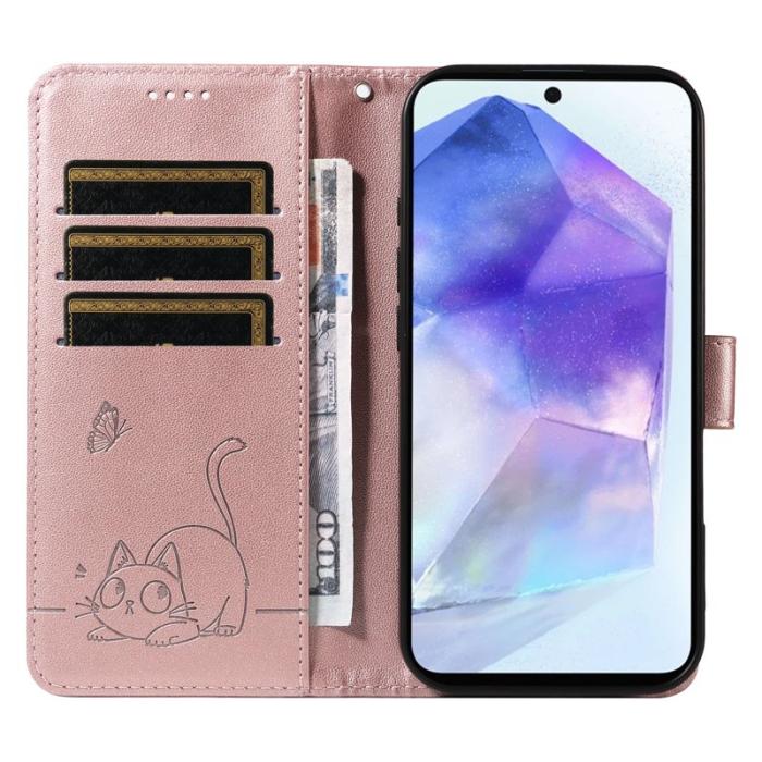 OEM - Samsung Galaxy A55 5G Plånboksfodral Konstläder Kattmönster - Roséguld