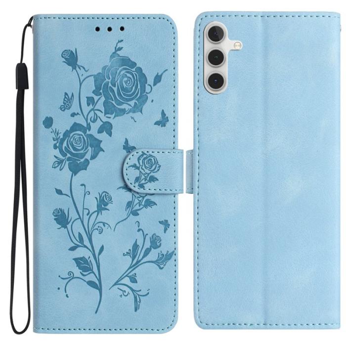 OEM - Samsung Galaxy A55 5G Plånboksfodral Konstläder Rosmönster - Ljusblå