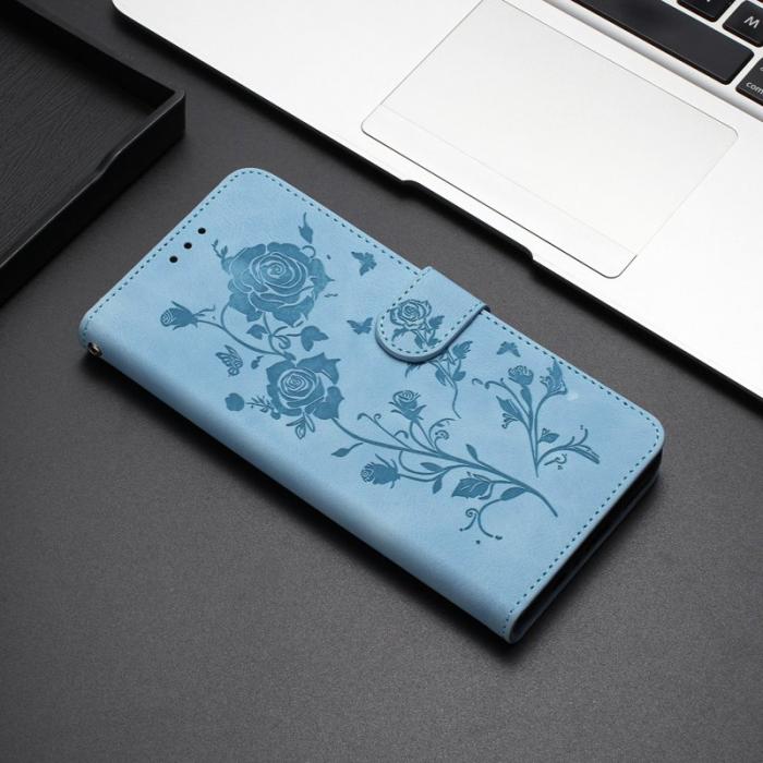 OEM - Samsung Galaxy A55 5G Plånboksfodral Konstläder Rosmönster - Ljusblå