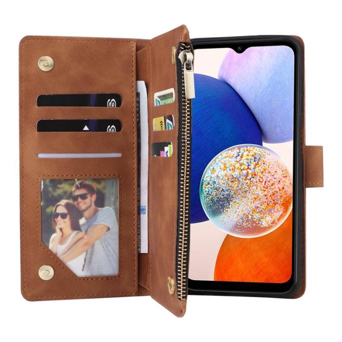 OEM - Samsung Galaxy A55 5G Plånboksfodral Flera Kortfack Dragkedja Konstläder Brun