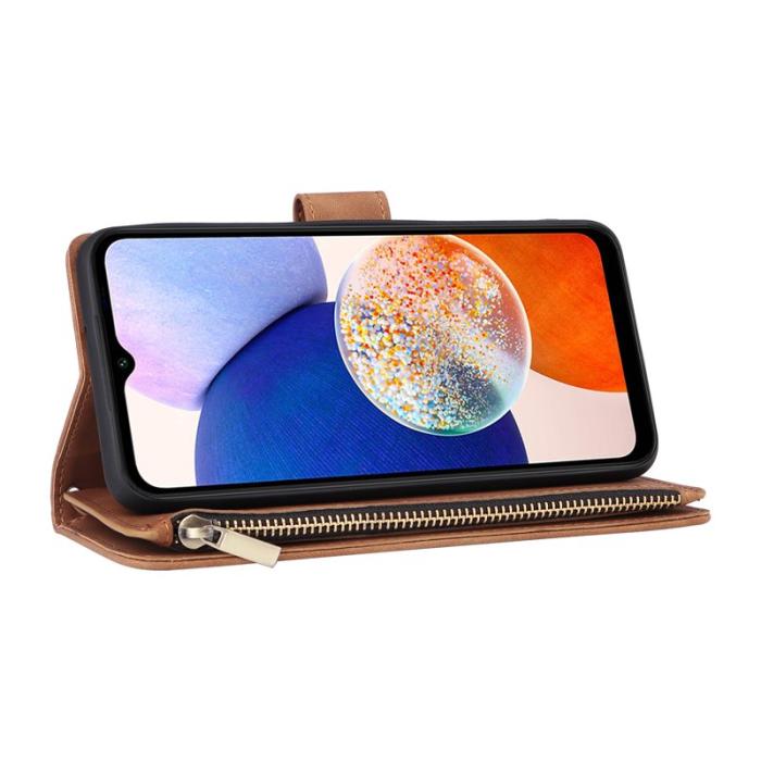 OEM - Samsung Galaxy A55 5G Plånboksfodral Flera Kortfack Dragkedja Konstläder Brun