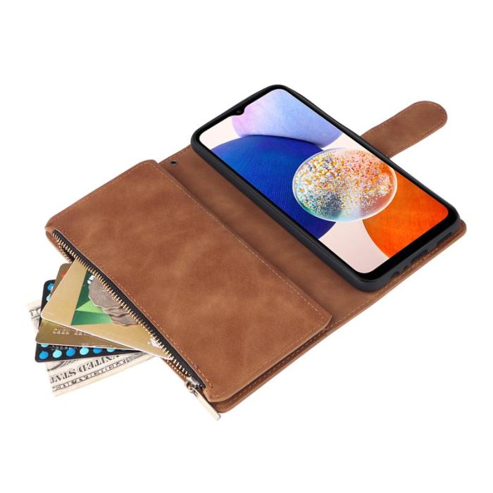 OEM - Samsung Galaxy A55 5G Plånboksfodral Flera Kortfack Dragkedja Konstläder Brun