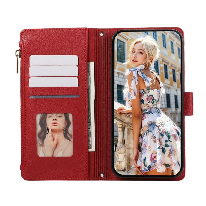 OEM - Samsung Galaxy A55 5G Plånboksfodral Med Kortfack Dragkedja Konstläder - Röd