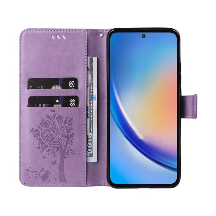 OEM - Samsung Galaxy A55 5G Plånboksfodral Konstläder Kattträd Mönster - Lila