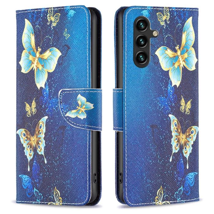 OEM - Samsung Galaxy A55 5G Plånboksfodral Konstläder Mönster - Guldfjärilar