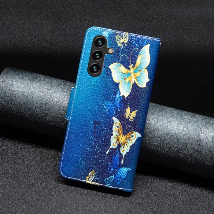 OEM - Samsung Galaxy A55 5G Plånboksfodral Konstläder Mönster - Guldfjärilar