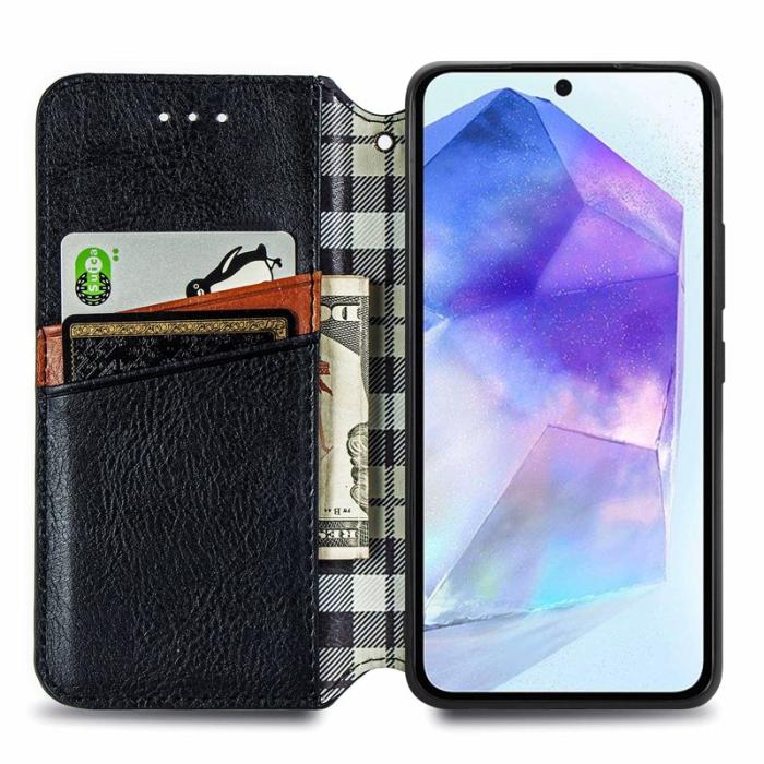 OEM - Samsung Galaxy A55 5G Plånboksfodral Konstläder Rhombus Prägling - Svart