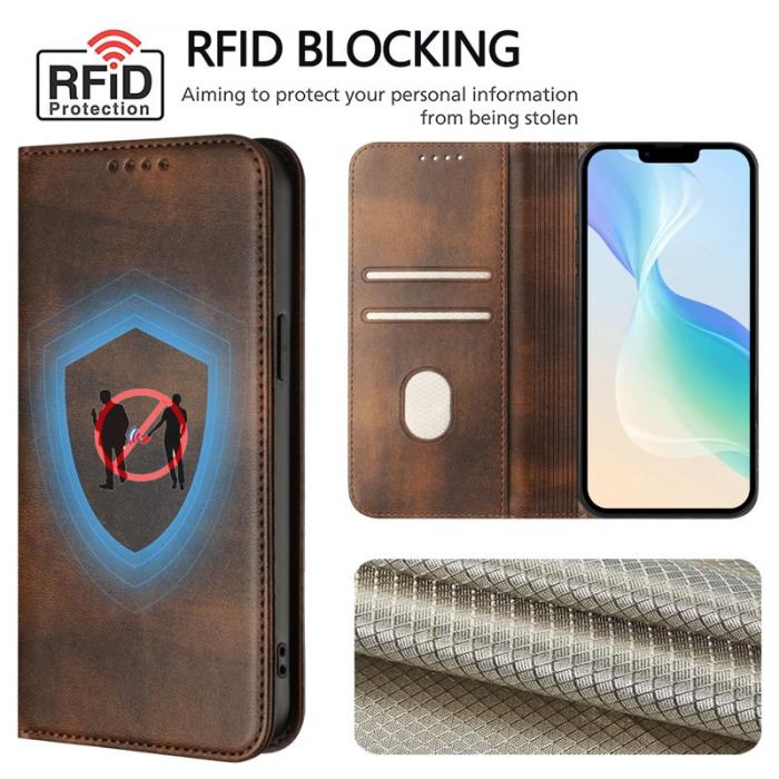 OEM - Samsung Galaxy A55 5G Plånboksfodral Retro Textur Konstläder RFID Skydd - Brun