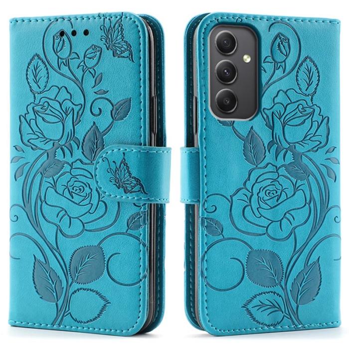 OEM - Samsung Galaxy A55 5G Plånboksfodral Ställ Impräntad Rosfjäril Konstläder - Blå