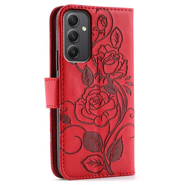 OEM - Samsung Galaxy A55 5G Plånboksfodral Ställ Impräntad Rosfjäril Konstläder - Röd