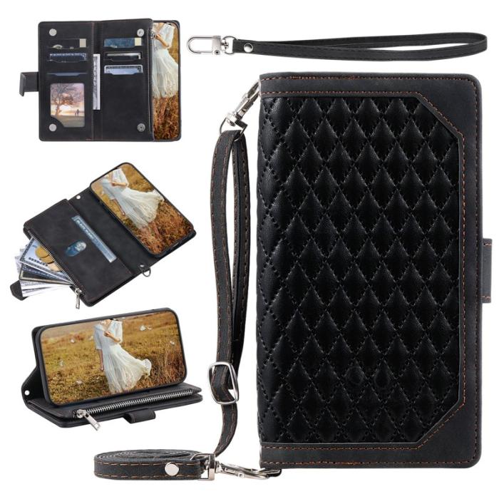 OEM - Samsung Galaxy A55 5G Konstläder Plånboksfodral Ställ Rhombus Textur - Svart