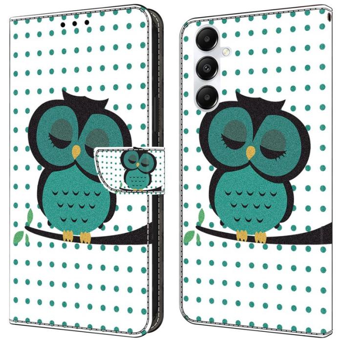 OEM - Samsung Galaxy A55 5G Skal 3D Mönster Ställ Äkta Läder - Sovande Uggla